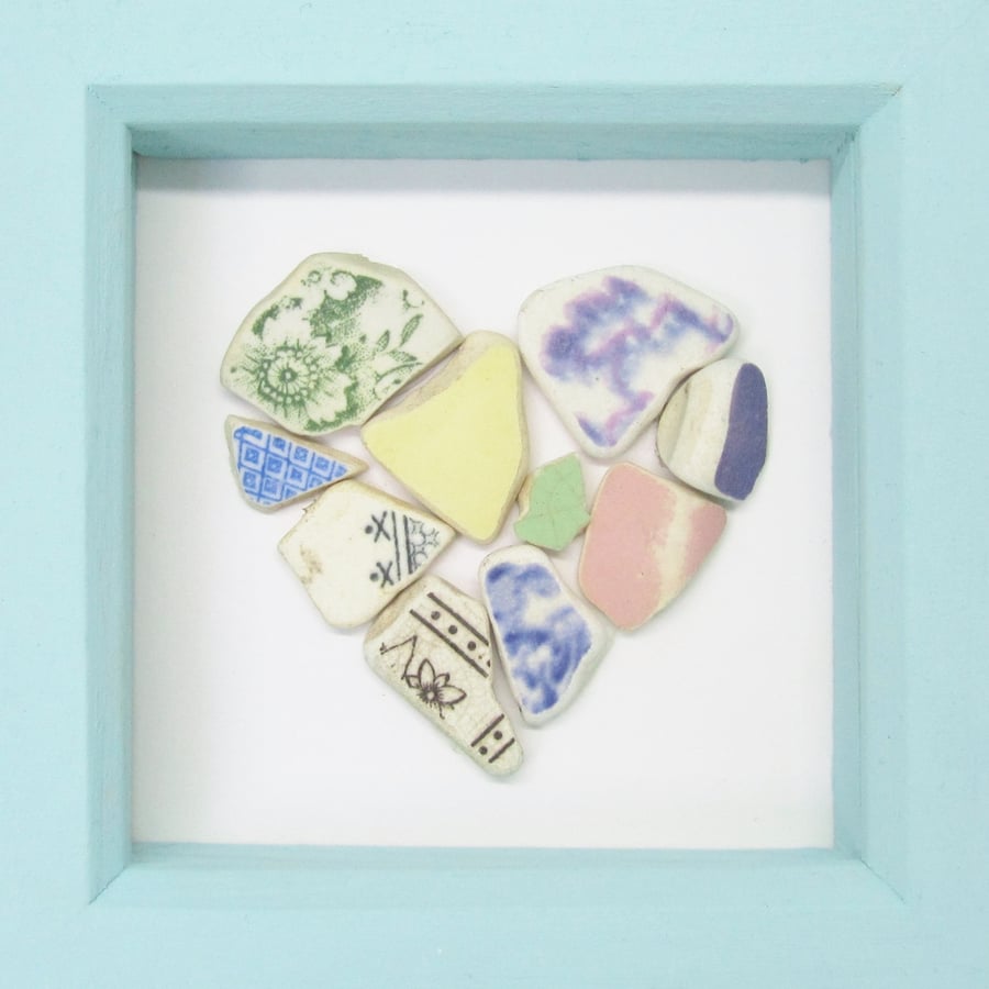 Framed Antique Sea Pottery Love Heart Collage. Handmade Scottish Beach Art.