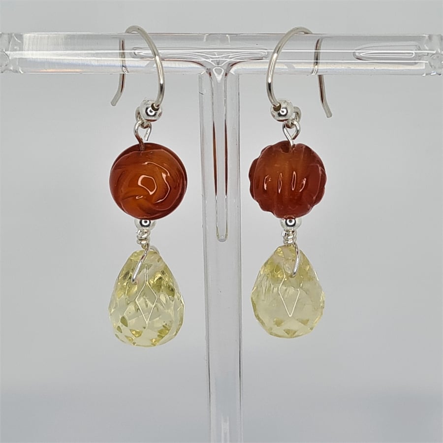Handmade Sterling Silver Lemon Quartz & Carved Carnelian Earrings
