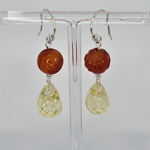 Handmade Sterling Silver Lemon Quartz & Carved Carnelian Earrings