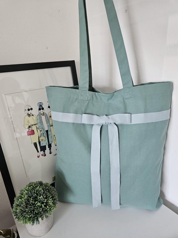 Organic Cotton Tote Bag: Sea Green Herringbone Bow, Magnetic Closure