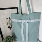 Organic Cotton Tote Bag: Sea Green Herringbone Bow, Magnetic Closure