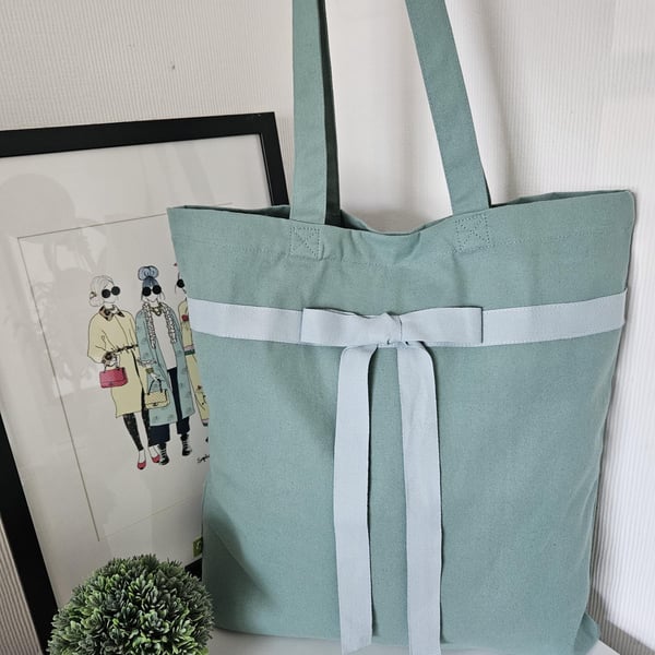 Organic Cotton Tote Bag: Sea Green Herringbone Bow, Magnetic Closure