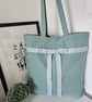 Organic Cotton Tote Bag: Sea Green Herringbone Bow, Magnetic Closure