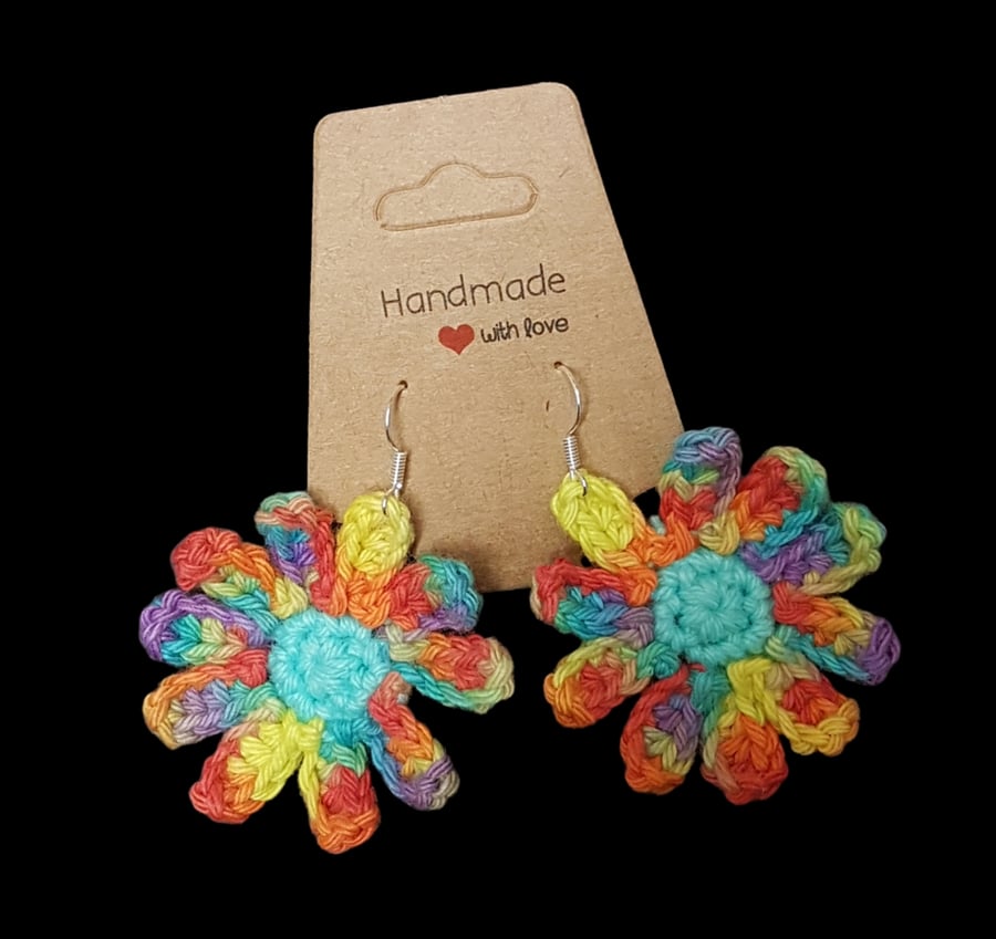 Crochet rainbow flower earrings