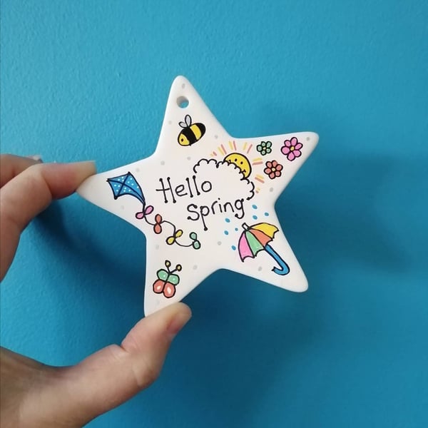 Hello Spring ceramic decoration, star ceramic, Spring decor, Easter decoration