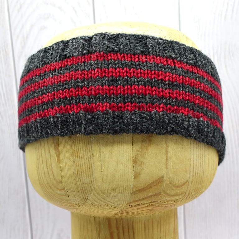 Hand Knitted Adult Headband Grey and Red Cashmere and Merino Small Adult