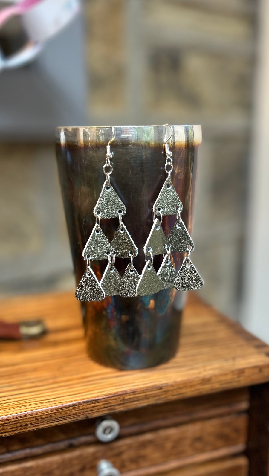 Chandelier leather earrings in metallic green