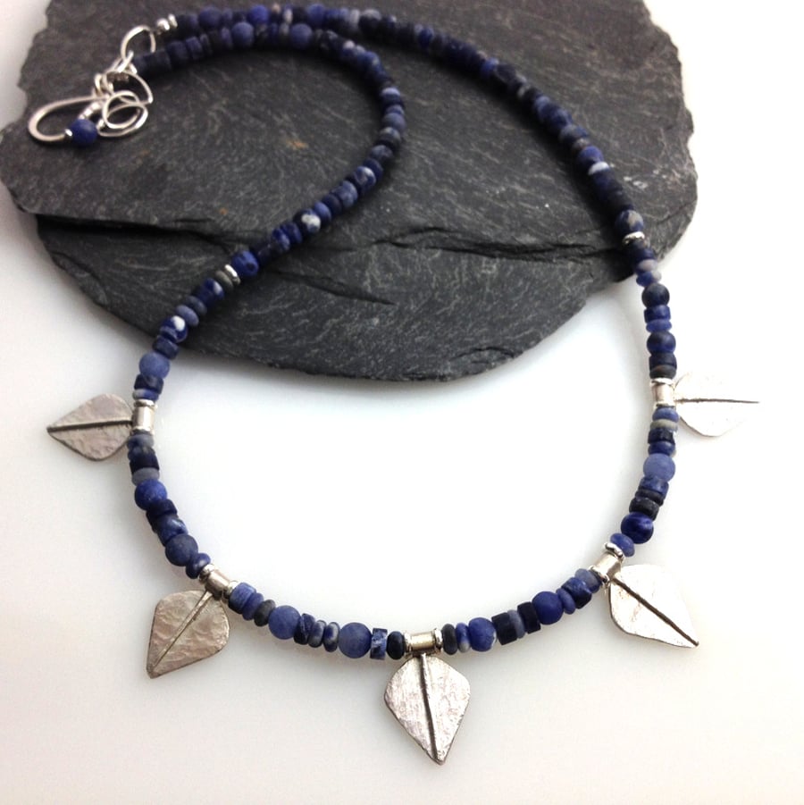 Silver and blue sodalite leaf spear necklace