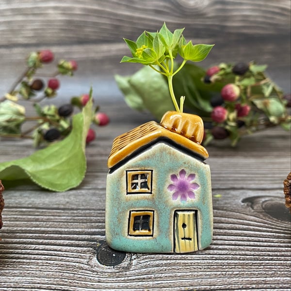 Soft Green Ceramic Mini House with Chimney - Purple and Yellow Flowers