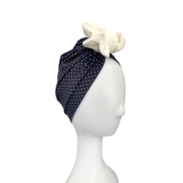 Navy Blue Dotted Large Bow Head Wrap, Adult Hair Loss Turban Hat, SPF 50 Fabric