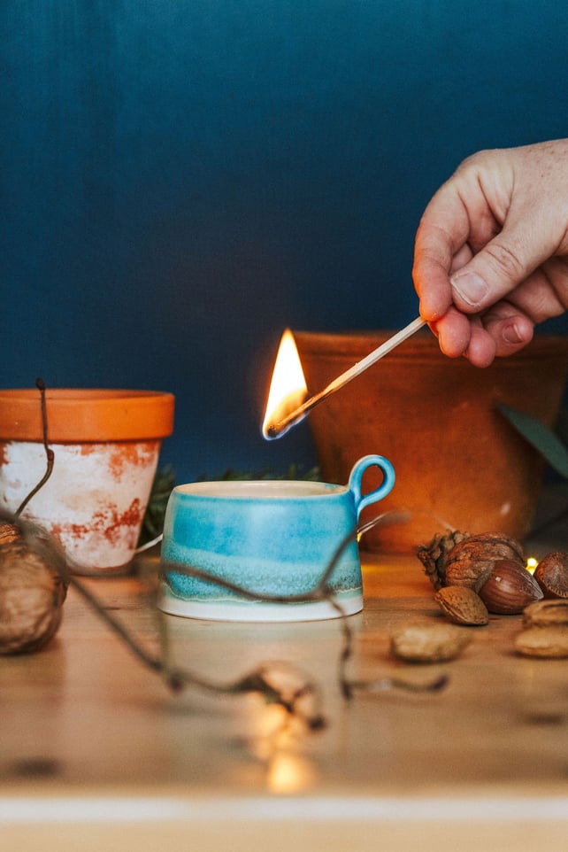 Ceramic handmade Tealight cup - Glazed in turquoise and greens 