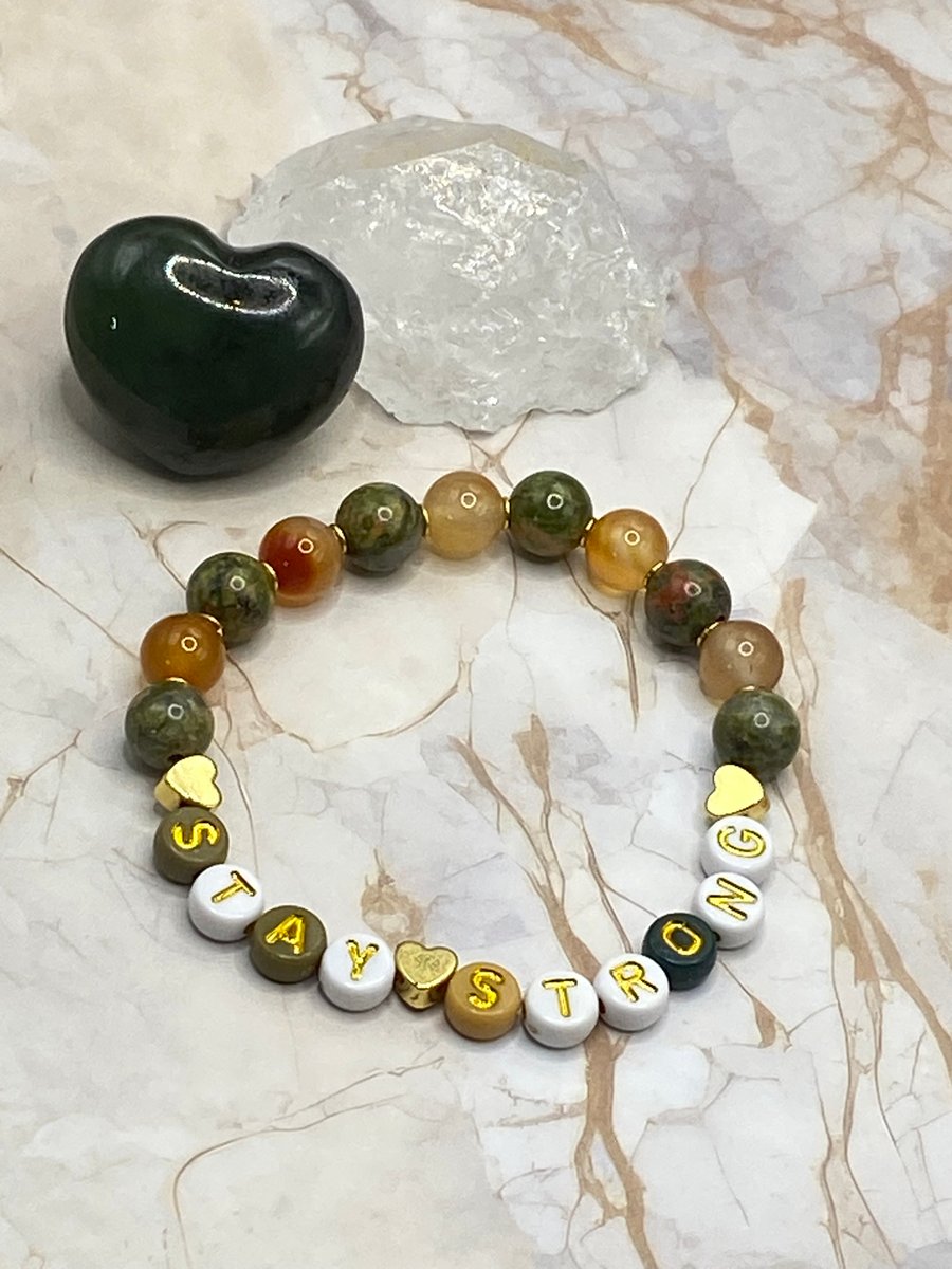 'Stay Strong' stretchy bracelet with carnelian, unakite and gold plated hearts
