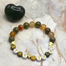 'Stay Strong' stretchy bracelet with carnelian, unakite and gold plated hearts