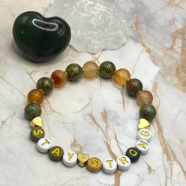 'Stay Strong' stretchy bracelet with carnelian, unakite and gold plated hearts