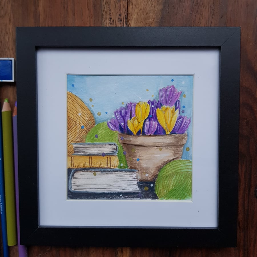 Crocuses, books and yarn - original artwork, framed