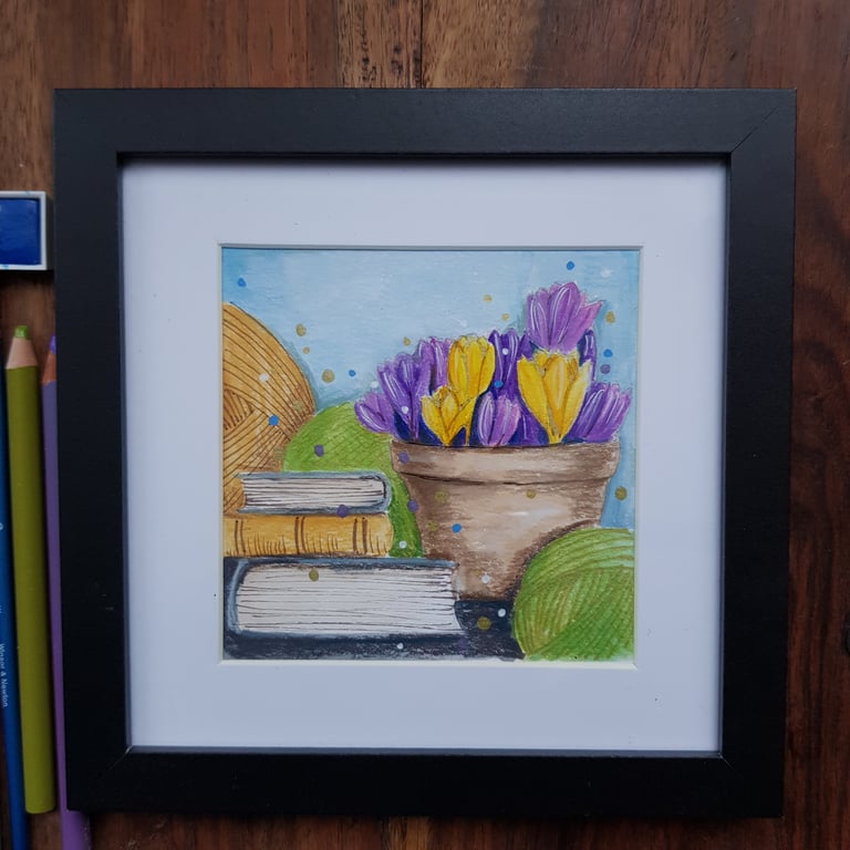 Crocuses, books and yarn - original artwork, framed