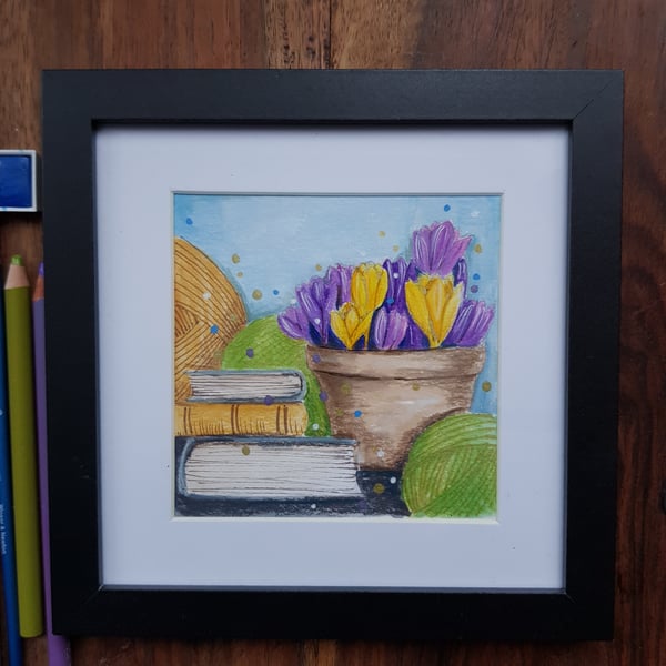 Crocuses, books and yarn - original artwork, framed