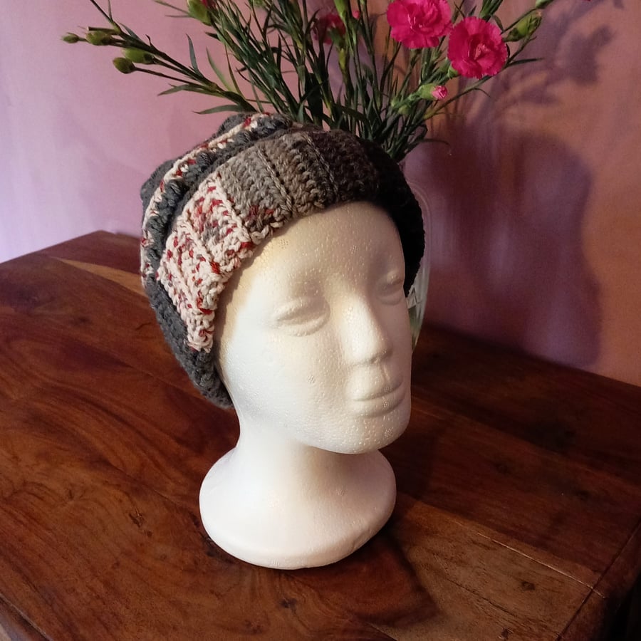Beanie: Winter Warmth in Red, Grey & Black with Textured  Crochet stitches