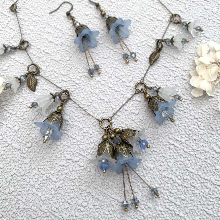Art Nouveau Vintage Style Lucite and Bronze Blue Floral Necklace Set