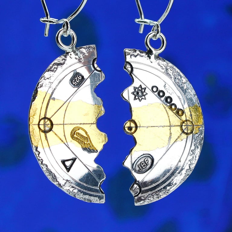 Silver & gold earrings, Keum boo scribed earrings, halved earrings. lrg.