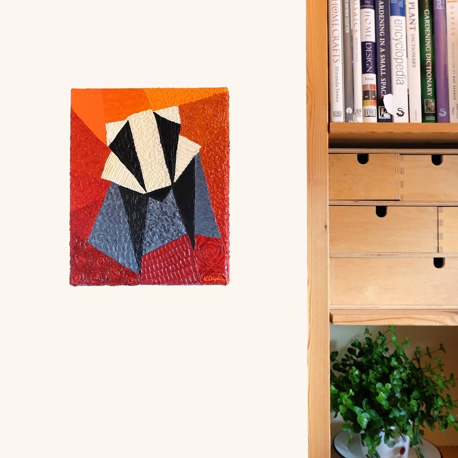 Abstract Badger Painting - textured acrylic animal art in grey, orange and red