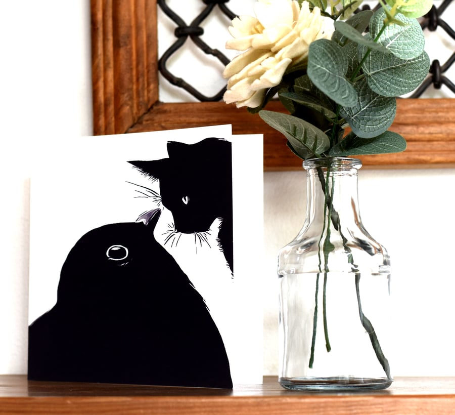 Cat And Bird Greeting, Birthday Card, Unusual