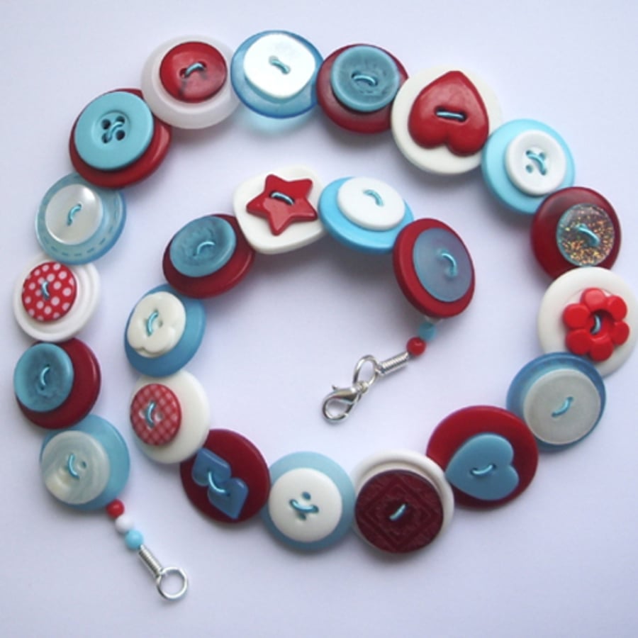Red, white and aqua button necklace