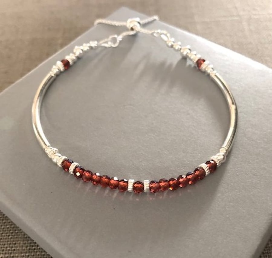 Red Garnet Gemstone Sterling Silver Noodle Bracelet Slider Clasp Bracelet