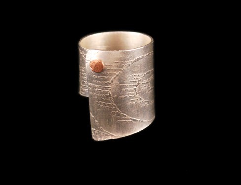 Sterling silver etch printed copper riveted ring