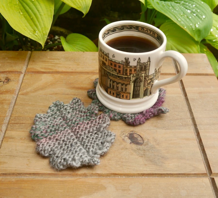 Set of Two Coasters, Hand Knitted Oak Leaf Drink Mats