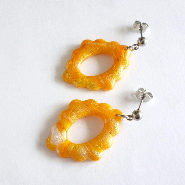 Sunset Orange Flower Hoop Polymer Clay Earrings, Stainless Steel Dangles