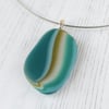 Teal Glass Pebble Pendant and Choker