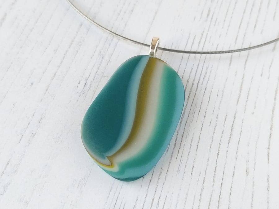 Teal Glass Pebble Pendant and Choker