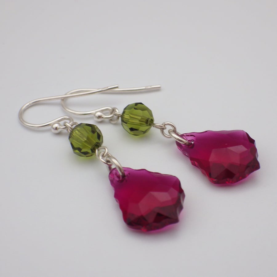 Ruby pink and green baroque Swarovski drop earrings with olivine round beads
