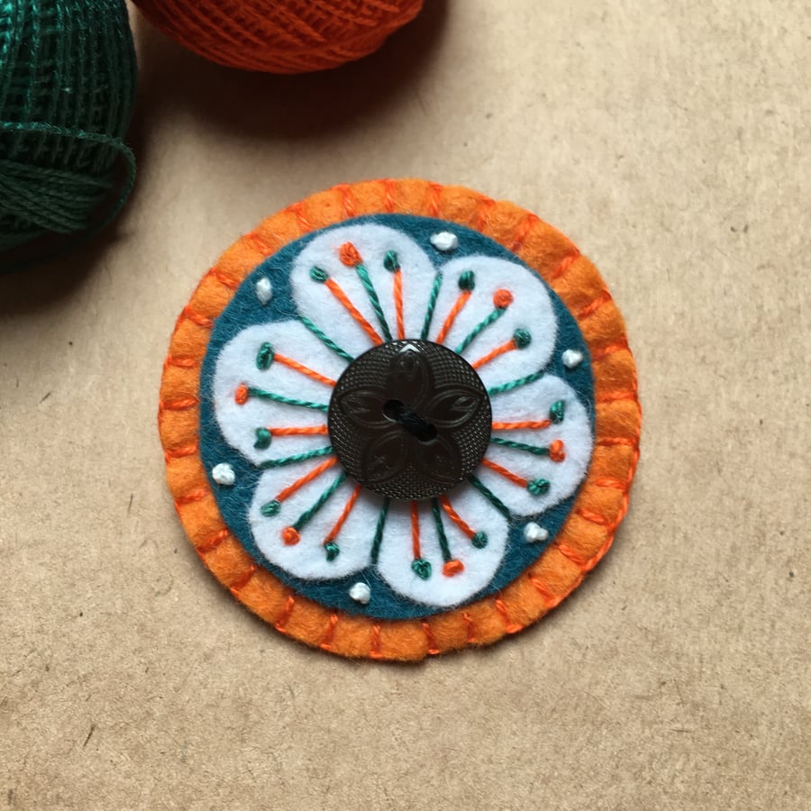 Orange and Teal Embroidered Retro Flower Felt Brooch
