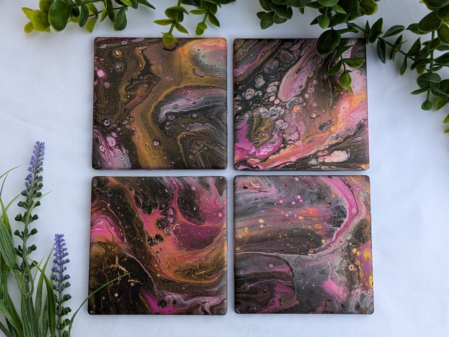 Set of 4 Lava theme Acrylic Pour Coasters. Perfect home gift, Christmas gift