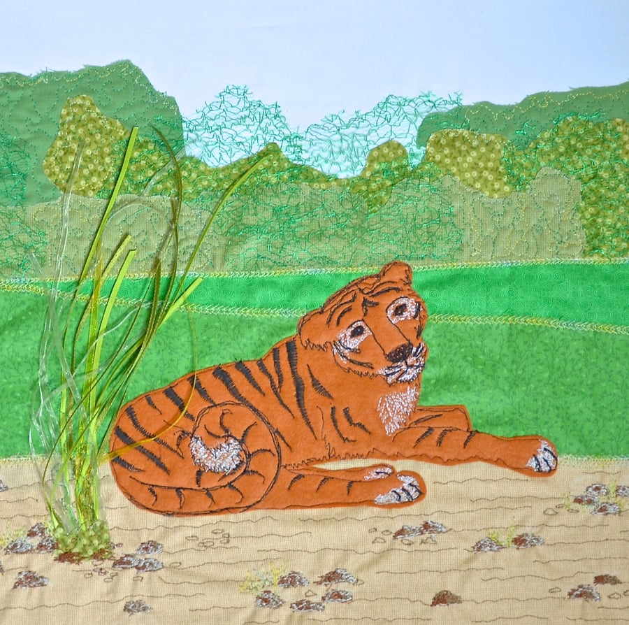 Tiger textile artwork picture - resting tiger