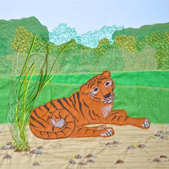 Tiger textile artwork picture - resting tiger