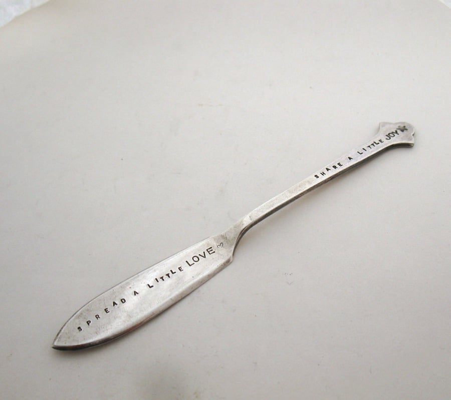 Small butter spreader, handstamped, spread a little love, share a little joy