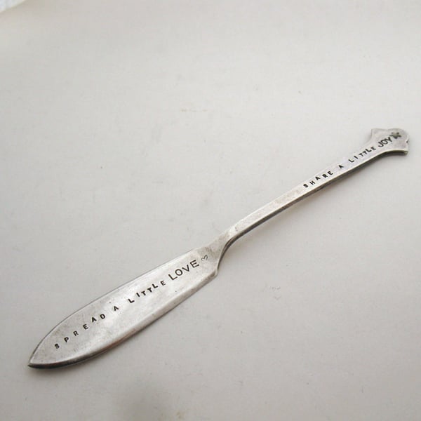 Small butter spreader, handstamped, spread a little love, share a little joy