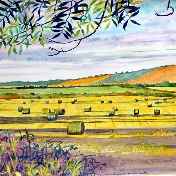Farmland Watercolour Painting , Hay Bales in Fields  Landscape