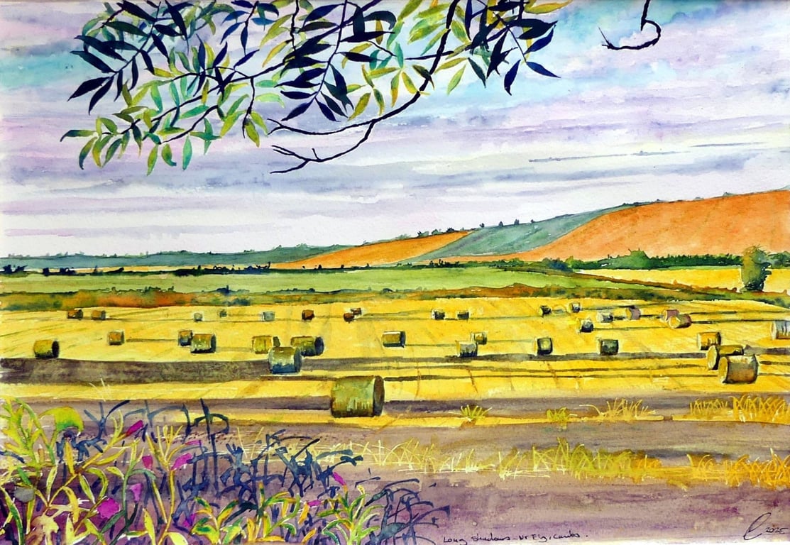 Farmland Watercolour Painting , Hay Bales in Fields  Landscape