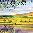 Farmland Watercolour Painting , Hay Bales in Fields  Landscape
