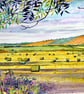 Farmland Watercolour Painting , Hay Bales in Fields  Landscape