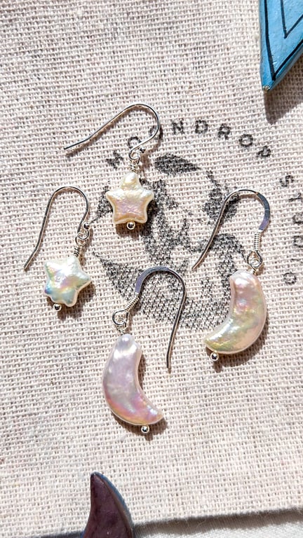 Celestial Freshwater Pearl Moon Sterling Silver Pearl Earrings