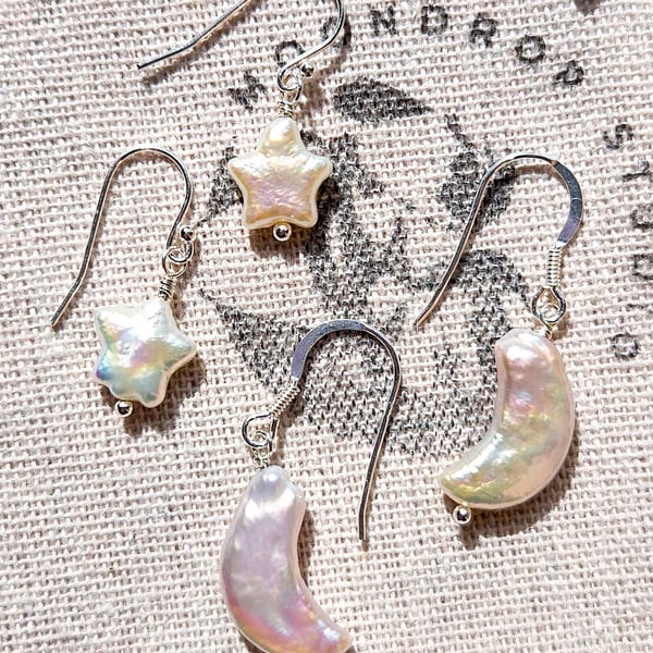 Celestial Freshwater Pearl Moon or Star Sterling Silver Pearl Earrings