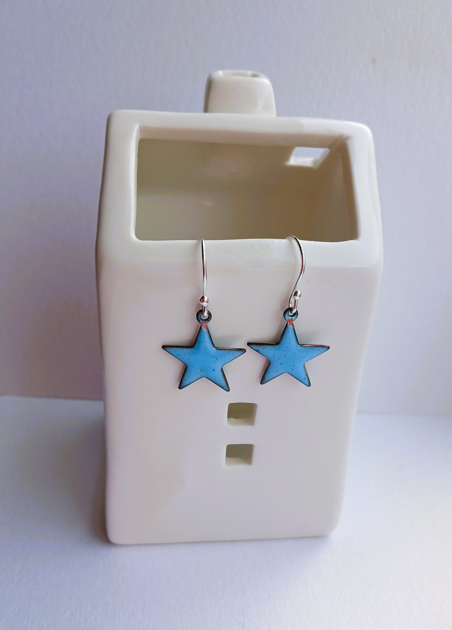 Small blue star earrings in enamel on copper 293