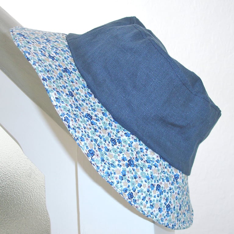 Sun Hat Bucket Hat Navy Blue Linen Floral Reversible Summer Hat Blue