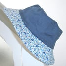 Sun Hat Bucket Hat Navy Blue Linen Floral Reversible Summer Hat Blue
