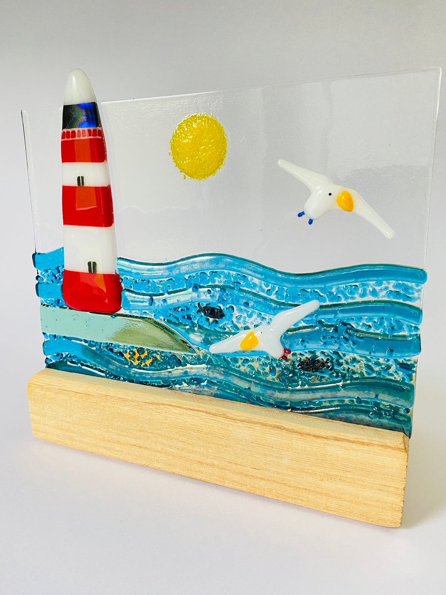 Smeatons lighthouse - fused glass candle screen 